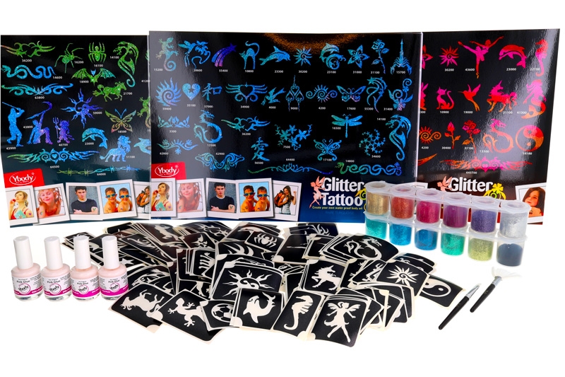 Glitzer-Tattoo Set Weihnachten mit über 50 Schablonen Motiven & 12 Farben 